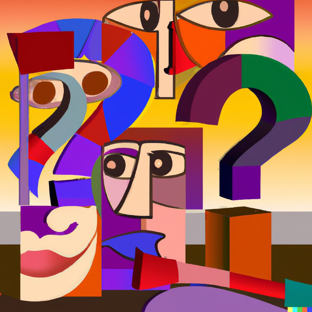 Bright abstract cubist faces with question marks