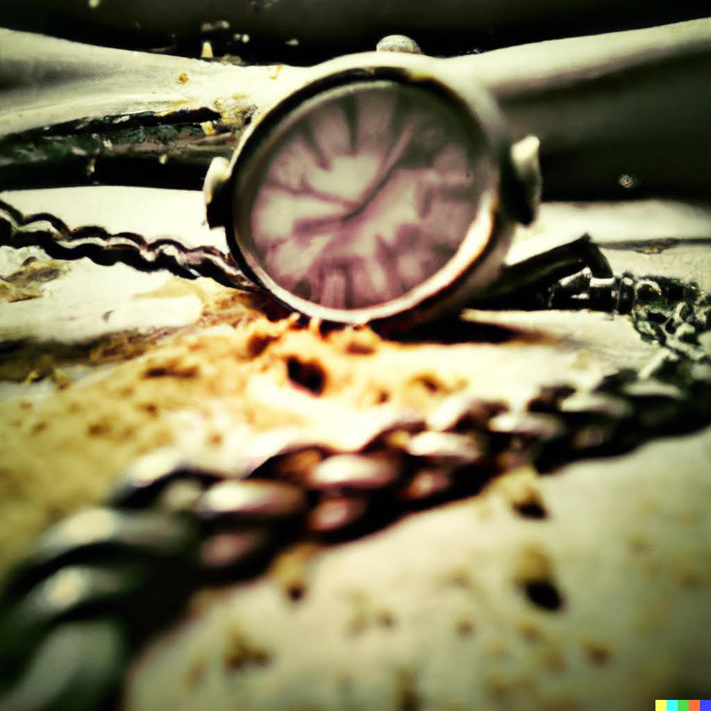 A distorted, vintage pocket watch on sand