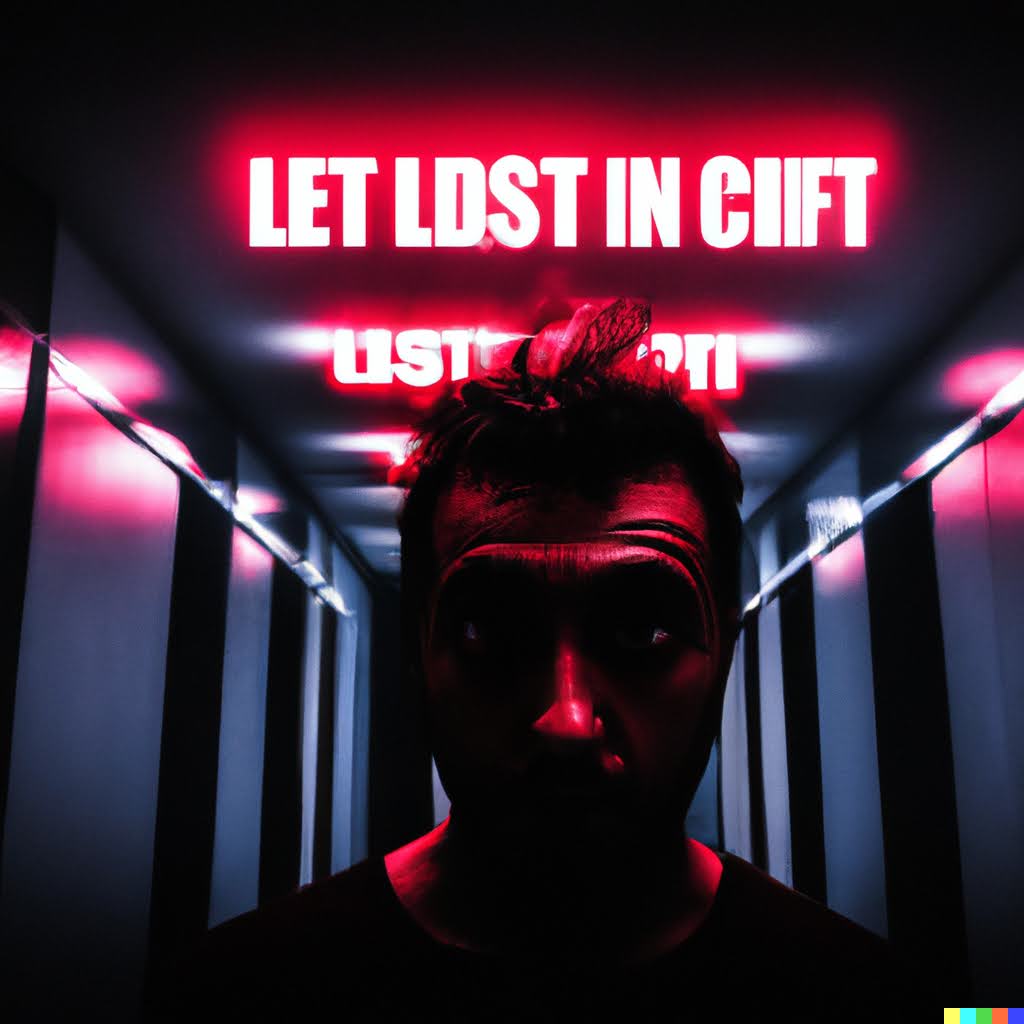 Dark corridor with neon red text LET LOST IN GIFT