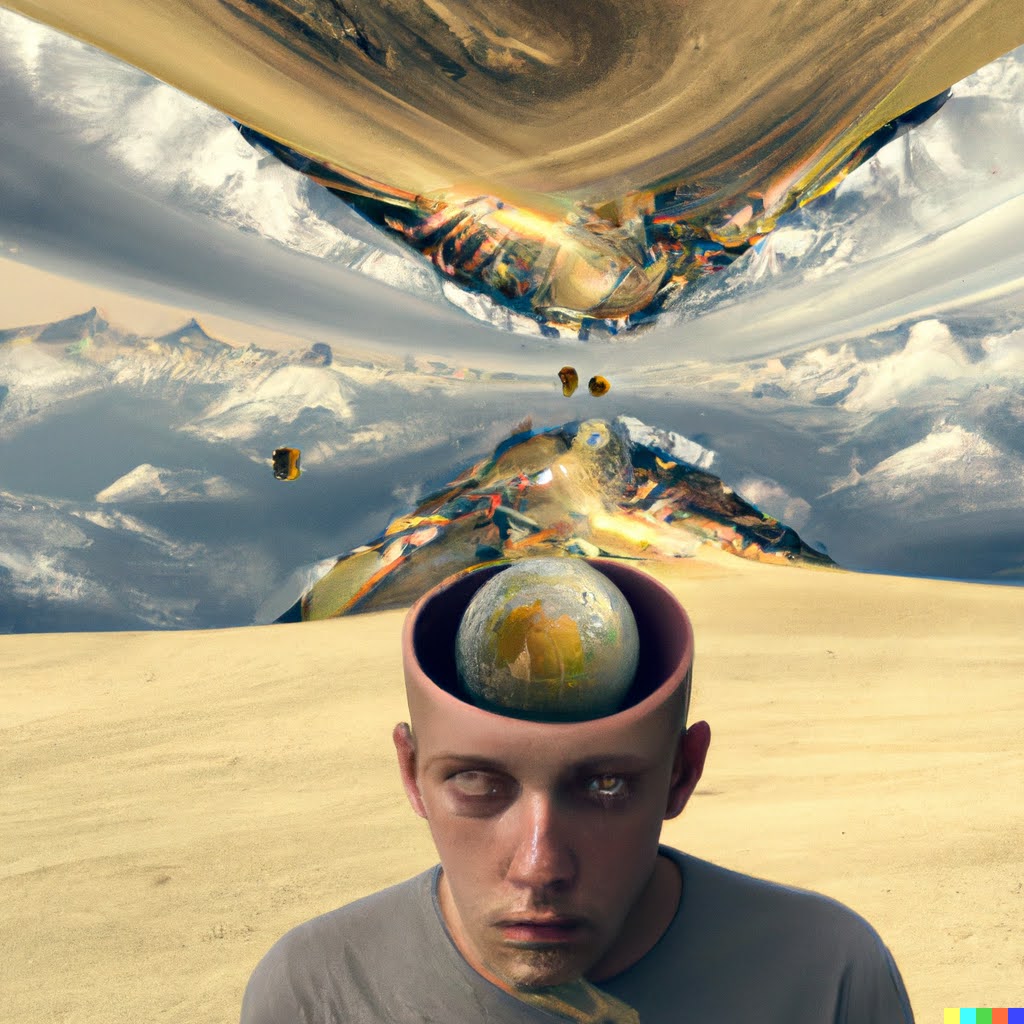 Man in desert with a globe inside his open head